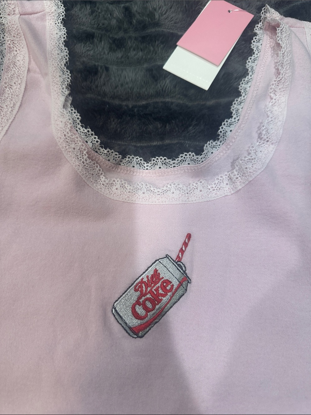 Diet Coke Pink Lace-Trim Tank Top with Embroidery